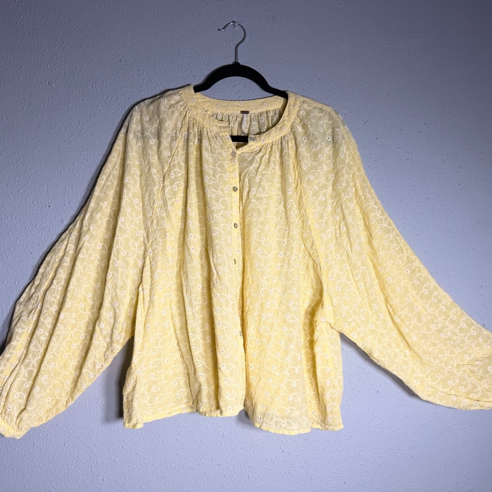 Free People Light Yellow Embroidered Blouse